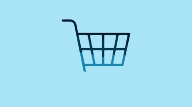 Blue Shopping cart icon isolated on blue background. Online buying concept. Delivery service sign. Supermarket basket symbol. 4K Video motion graphic animation.