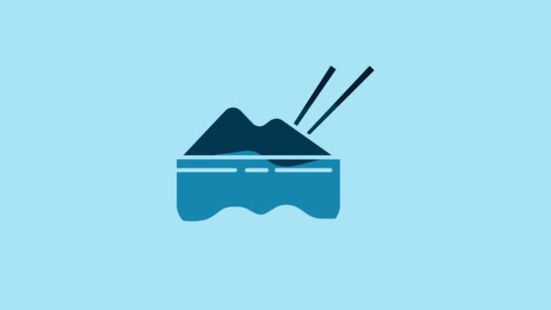 青い背景に独立した箸のアイコンを持つボウルにブルーライス 伝統的なアジア料理 4Kビデオモーショングラフィックアニメーション — ストック動画