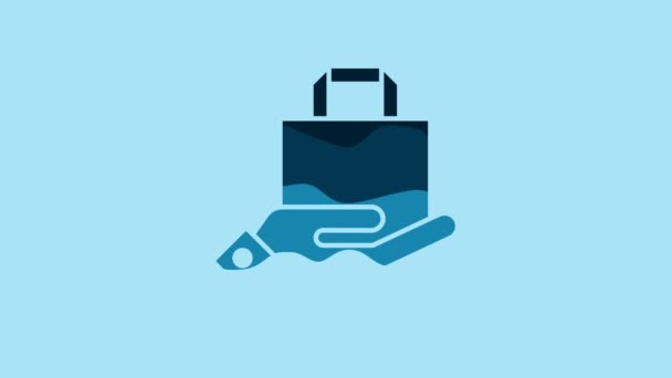 Blue Hand Paper Shopping Bag Icon Isolated Blue Background Package — Wideo stockowe
