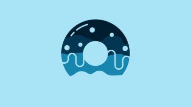 Blue Donut with sweet glaze icon isolated on blue background. 4K Video motion graphic animation.
