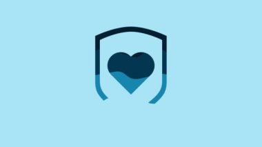 Blue Heart with shield icon isolated on blue background. Love symbol. Security, safety, protection, protect concept. Valentines day. 4K Video motion graphic animation.