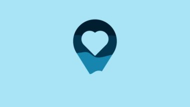 Blue Map pointer with heart icon isolated on blue background. Valentines day. Love location. Romantic map pin. 4K Video motion graphic animation.