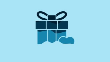 Blue Gift box and heart icon isolated on blue background. Valentines day. 4K Video motion graphic animation.