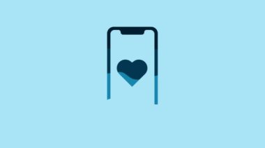 Blue Mobile phone with heart icon isolated on blue background. Valentines day. 4K Video motion graphic animation.