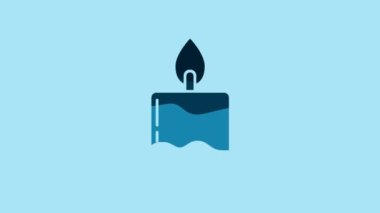 Blue Burning candle in candlestick icon isolated on blue background. Cylindrical candle stick with burning flame. 4K Video motion graphic animation.