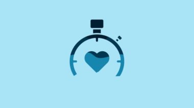Blue Heart in the center stopwatch icon isolated on blue background. Valentines day. 4K Video motion graphic animation.