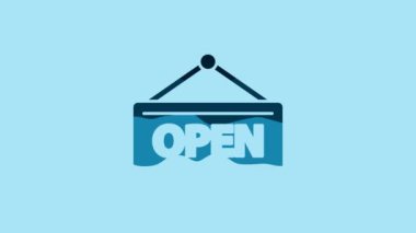 Blue Hanging sign with text Open door icon isolated on blue background. 4K Video motion graphic animation.