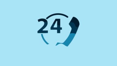 Blue Telephone 24 hours support icon isolated on blue background. All-day customer support call-center. Full time call services. 4K Video motion graphic animation.