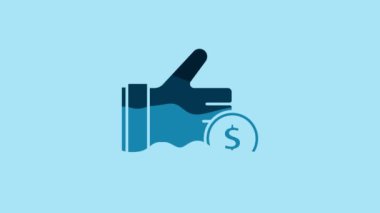 Blue Hand holding coin icon isolated on blue background. Dollar or USD symbol. Cash Banking currency sign. 4K Video motion graphic animation.