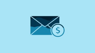 Blue Envelope with coin dollar symbol icon isolated on blue background. Salary increase, money payroll, compensation income. 4K Video motion graphic animation.