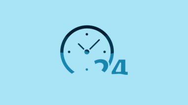 Blue Clock 24 hours icon isolated on blue background. All day cyclic icon. 24 hours service symbol. 4K Video motion graphic animation.