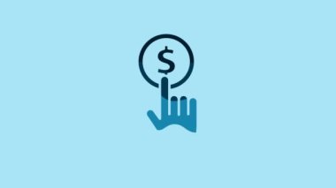 Blue Hand holding coin icon isolated on blue background. Dollar or USD symbol. Cash Banking currency sign. 4K Video motion graphic animation.