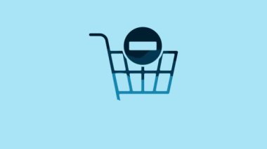 Blue Remove shopping cart icon isolated on blue background. Online buying concept. Delivery service. Supermarket basket and X mark. 4K Video motion graphic animation.