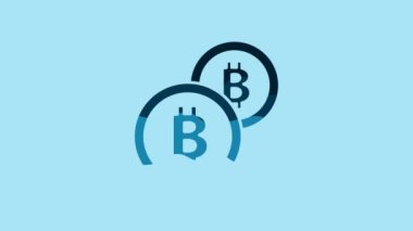 Blue Cryptocurrency coin Bitcoin icon isolated on blue background. Physical bit coin. Blockchain based secure crypto currency. 4K Video motion graphic animation.