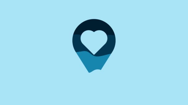 蓝色地图指针与心脏图标隔离在蓝色背景 情人节 爱的位置 浪漫的地图销 4K视频运动图形动画 — 图库视频影像