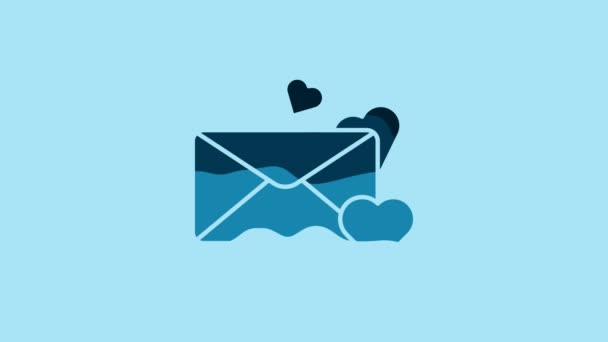 蓝色信封上有蓝色背景下孤立的情人节心脏图标 爱的信息信上的爱情和浪漫4K视频运动图形动画 — 图库视频影像