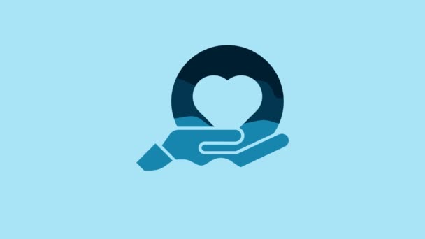 Blue Heart Hand Icon Isolated Blue Background Hand Giving Love — Vídeo de stock