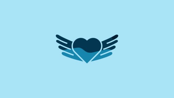 蓝心与翅膀图标隔离在蓝色背景 爱情的象征情人节 4K视频运动图形动画 — 图库视频影像