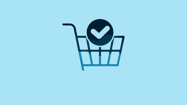 Blue Shopping Cart Check Mark Icon Isolated Blue Background Supermarket — Stockvideo