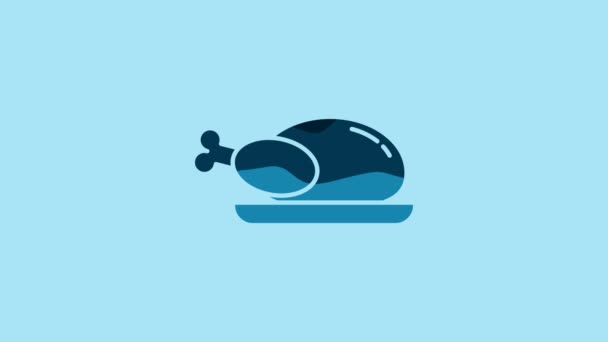Blue Roasted Turkey Chicken Icon Isolated Blue Background Video Motion — Αρχείο Βίντεο