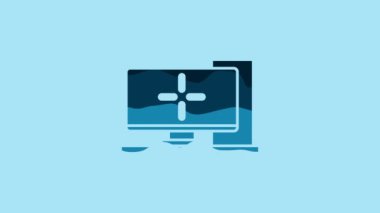 Blue Computer monitor icon isolated on blue background. PC component sign. 4K Video motion graphic animation.