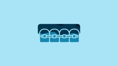 Blue Teeth with braces icon isolated on blue background. Alignment of bite of teeth, dental row with with braces. Dental concept. 4K Video motion graphic animation.