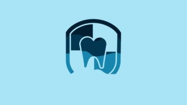 Blue Dental protection icon isolated on blue background. Tooth on shield logo. 4K Video motion graphic animation.