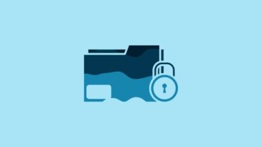 Blue Folder and lock icon isolated on blue background. Closed folder and padlock. Security, safety, protection concept. 4K Video motion graphic animation.