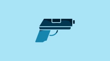 Blue Pistol or gun icon isolated on blue background. Police or military handgun. Small firearm. 4K Video motion graphic animation.