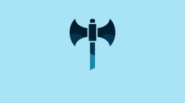 Blue Medieval axe icon isolated on blue background. Battle axe, executioner axe. 4K Video motion graphic animation.