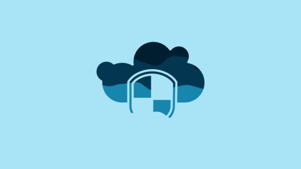 青の背景に隔離された青の雲と盾のアイコン クラウドストレージデータ保護 セキュリティ 安全性 プライバシーの概念 4Kビデオモーショングラフィックアニメーション — ストック動画