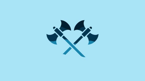 Blue Crossed Medieval Axes Icon Isolated Blue Background Battle Axe — 图库视频影像