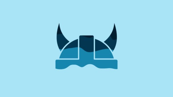 Blue Viking Horned Helmet Icon Isolated Blue Background Video Motion — Video
