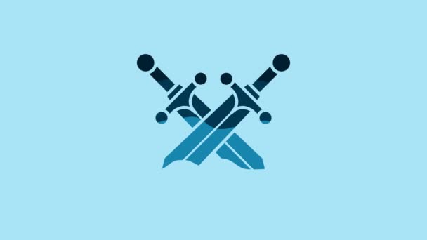Blue Crossed Medieval Sword Icon Isolated Blue Background Video Motion — Stok video