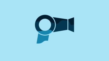 Blue Hair dryer icon isolated on blue background. Hairdryer sign. Hair drying symbol. Blowing hot air. 4K Video motion graphic animation.