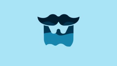 Blue Mustache and beard icon isolated on blue background. Barbershop symbol. Facial hair style. 4K Video motion graphic animation.