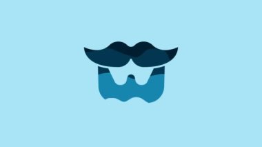 Blue Mustache and beard icon isolated on blue background. Barbershop symbol. Facial hair style. 4K Video motion graphic animation.