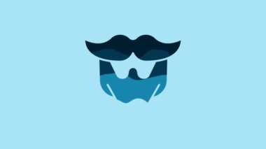 Blue Mustache and beard icon isolated on blue background. Barbershop symbol. Facial hair style. 4K Video motion graphic animation.