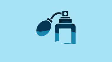 Blue Aftershave bottle with atomizer icon isolated on blue background. Cologne spray icon. Male perfume bottle. 4K Video motion graphic animation.