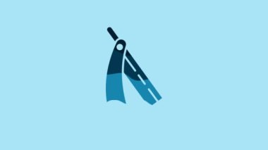 Blue Straight razor icon isolated on blue background. Barbershop symbol. 4K Video motion graphic animation.