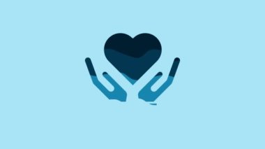 Blue Heart on hand icon isolated on blue background. Hand giving love symbol. Valentines day symbol. 4K Video motion graphic animation.