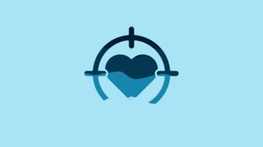 Blue Heart in the center of darts target aim icon isolated on blue background. Valentines day. 4K Video motion graphic animation.