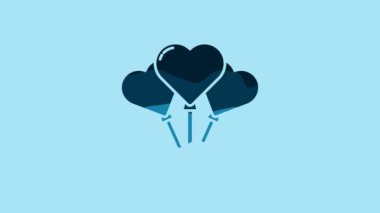 Blue Balloons in form of heart with ribbon icon isolated on blue background. 4K Video motion graphic animation.