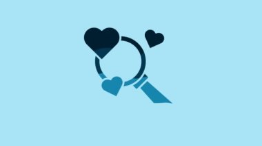 Blue Search heart and love icon isolated on blue background. Magnifying glass with heart inside. 4K Video motion graphic animation.