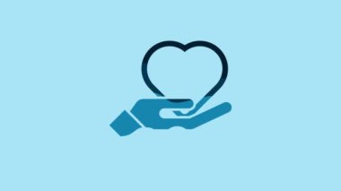 Blue Heart on hand icon isolated on blue background. Hand giving love symbol. Valentines day symbol. 4K Video motion graphic animation.