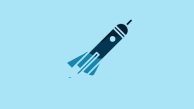 Blue Rocket ship with fire icon isolated on blue background. Space travel. 4K Video motion graphic animation.