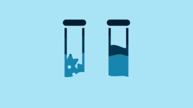 Blue Test tube and flask - chemical laboratory test icon isolated on blue background. Laboratory glassware sign. 4K Video motion graphic animation.