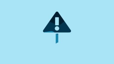 Blue Exclamation mark in triangle icon isolated on blue background. Hazard warning sign, careful, attention, danger warning sign. 4K Video motion graphic animation.