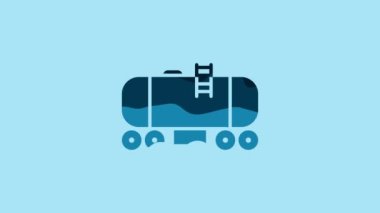 Blue Oil railway cistern icon isolated on blue background. Train oil tank on railway car. Rail freight. Oil industry. 4K Video motion graphic animation.