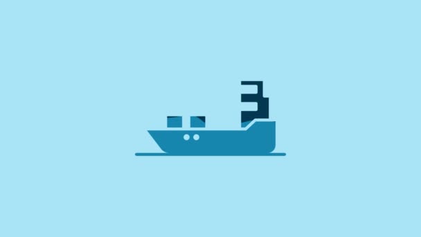 青色の背景に隔離されたブルーオイルタンカー船のアイコン 4Kビデオモーショングラフィックアニメーション — ストック動画